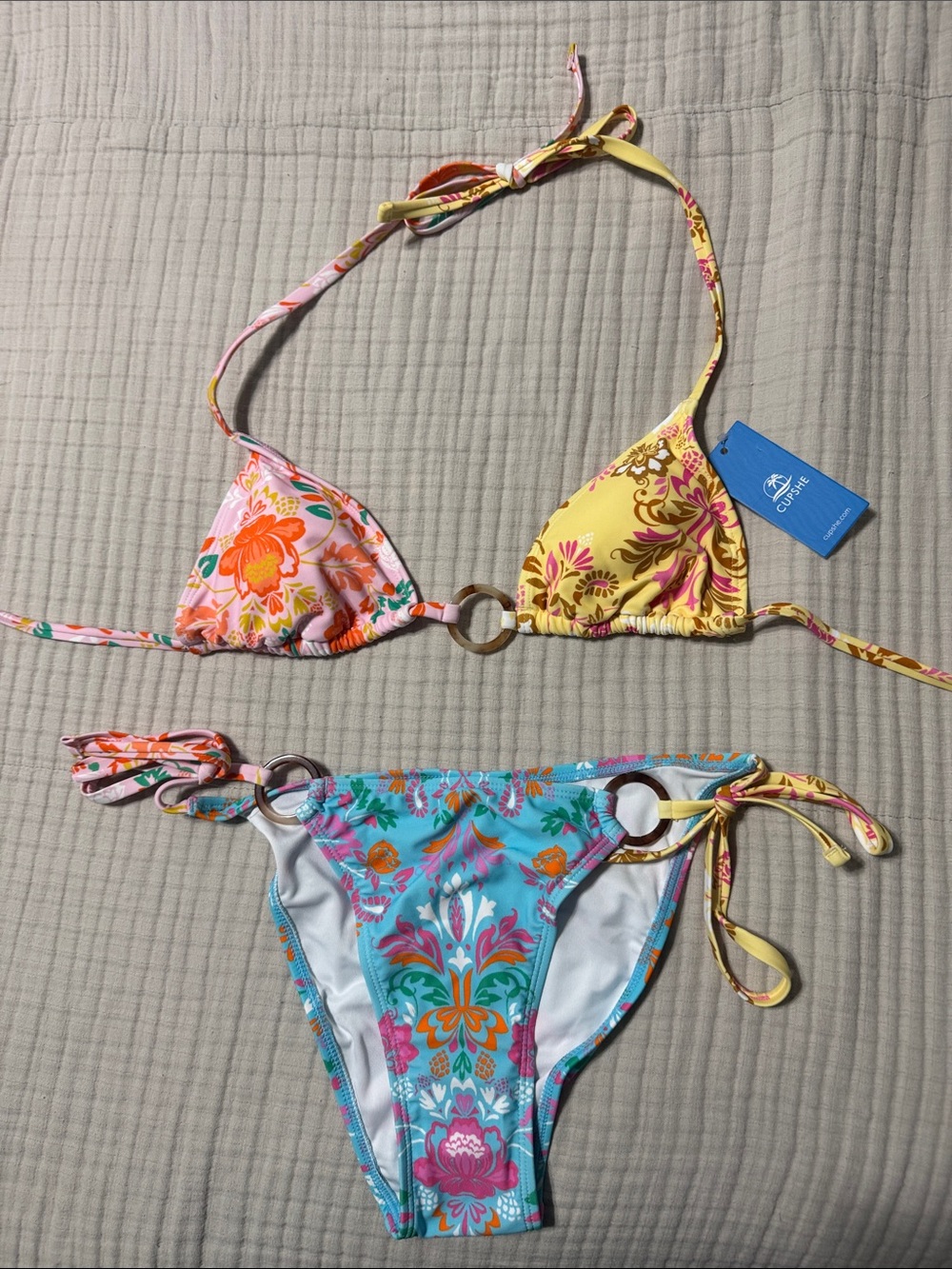 Cupshe Floral Mix Yellow Pink Blue Triangle Bikini Set